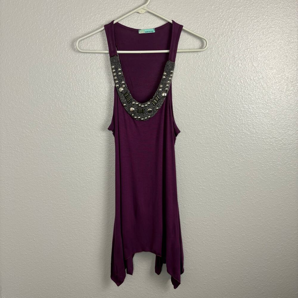 Queen Esther Size Medium High Low Purple Silver Tank Top Chunky Beaded Neck